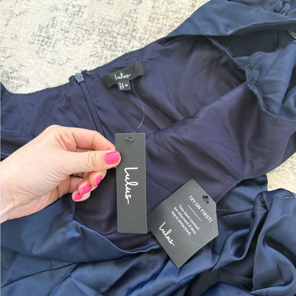 Lulus Ultimate Sweetness Navy Blue Satin Flutter Sleeve Maxi Dress Size Medium - Picture 4 of 9